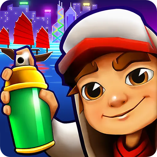 Gameplay scene from Subway Surfers Apk showing the main character running on the train tracks while dodging obstacles and collecting coins in a fast-paced environment.